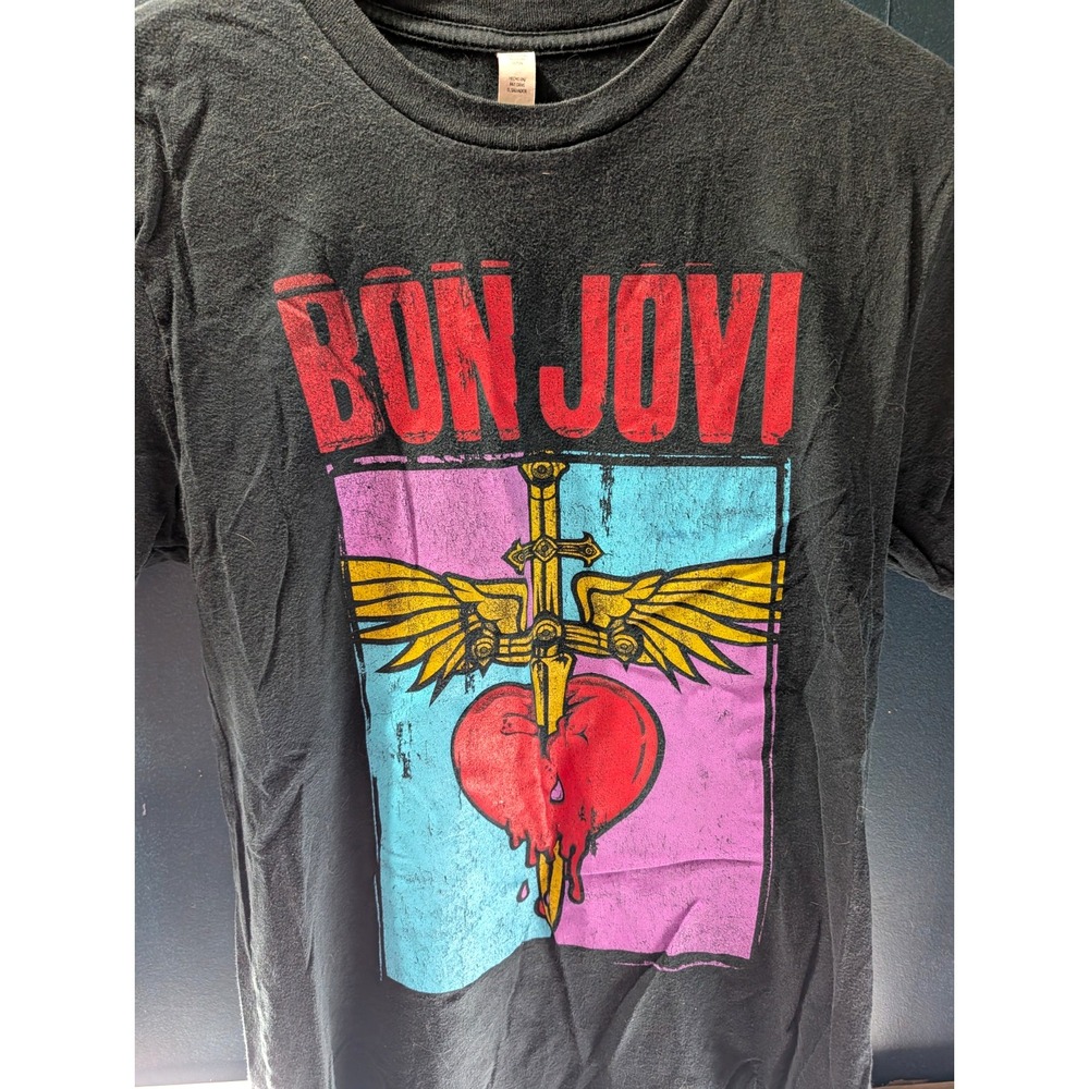 Bon Jovi Mens T Shirt Black Winged Dagger Pierced Heart Graphic Rock Band Tee